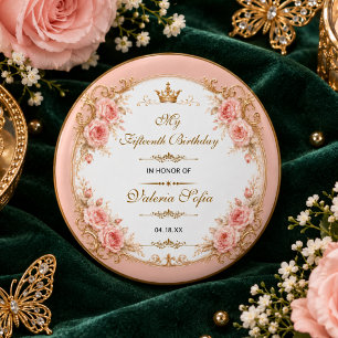 Badge Rond 2,50 Cm Papillon de Quinceañera 15 ans en Or Vert Emeraude