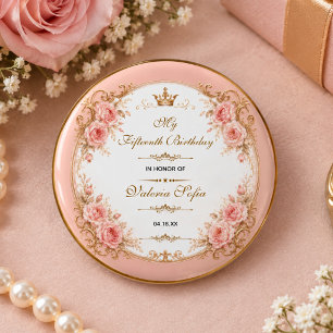 Badge Rond 2,50 Cm Papillon de Quinceañera 15 ans en Or Vert Emeraude