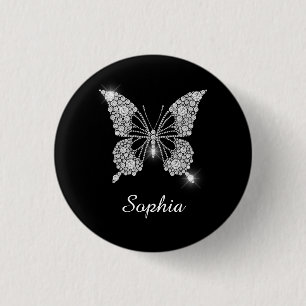 Badge Rond 2,50 Cm Papillon Diamant Blanc, nom en script personnalisé