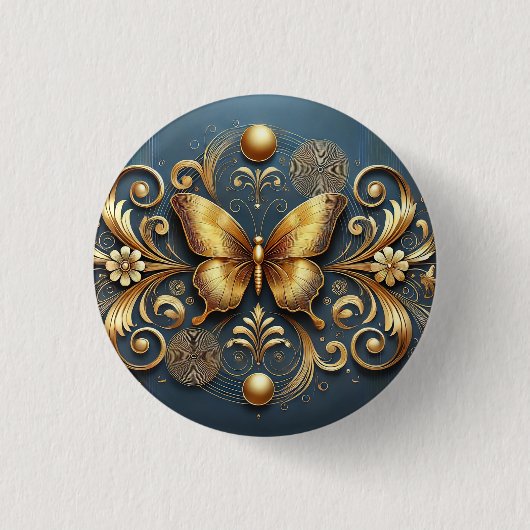 Badge Rond 2,50 Cm Papillon Doré Élégant Luxe Floral Nature (Devant)