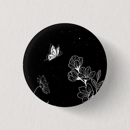 Badge Rond 2,50 Cm Papillon noir et blanc et fleurs à l'art nocturne (Devant)