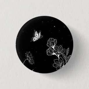 Badge Rond 2,50 Cm Papillon noir et blanc et fleurs à l'art nocturne