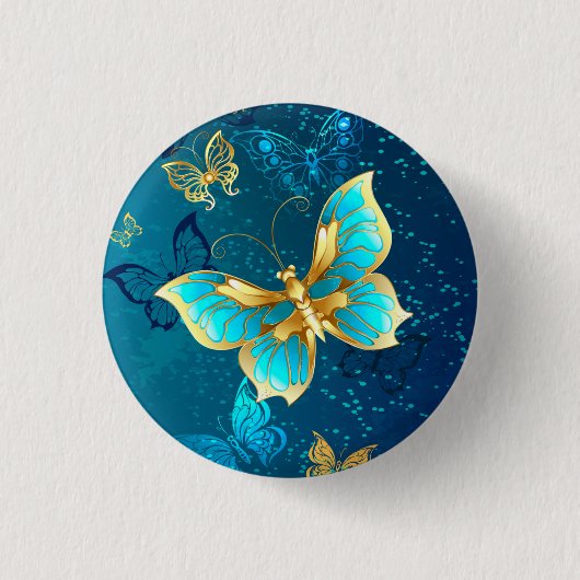 Badge Rond 2,50 Cm Papillons d'or sur un Arrière - plan bleu (Devant)