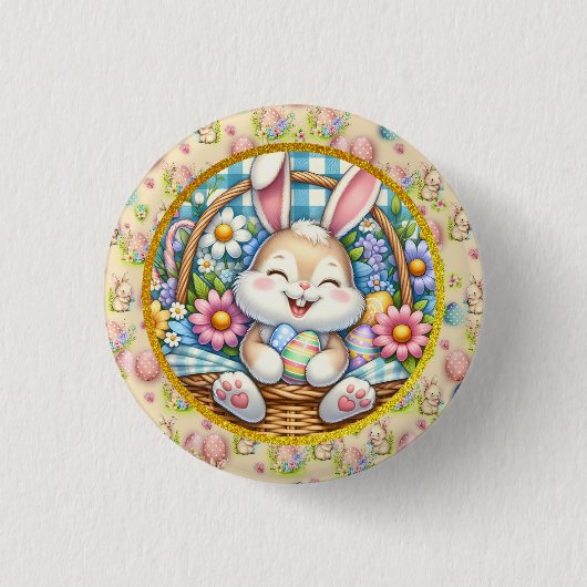 Badge Rond 2,50 Cm Pâques joyeuses avec du lapin mignon, des oeufs et (Devant)