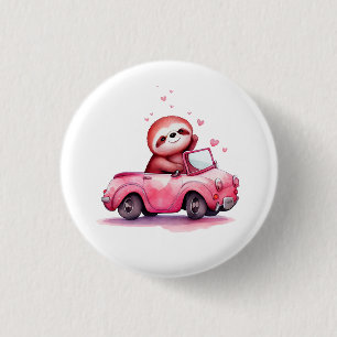 Badge Rond 2,50 Cm Paresseux mignon conduisant une décapotable rose