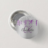 Badge Rond 2,50 Cm Parties scintillant argent goutte pourpre nom mono (Devant & derrière)
