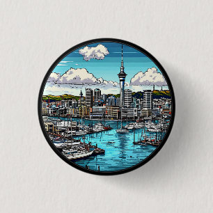 Badge Rond 2,50 Cm Paysage d'Auckland avec le port et les yachts