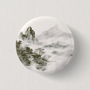 Badge Rond 2,50 Cm Paysage minimaliste de montagne zen à l'encre brum
