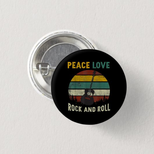 Badge Rond 2,50 Cm Peace Love & Rock & Roll Guitare Player Guitariste (Devant & derrière)