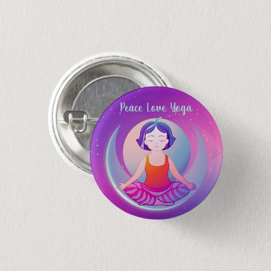 Badge Rond 2,50 Cm Peace Love Yoga fille méditation dans l'espace (Devant & derrière)