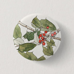 Badge Rond 2,50 Cm Peinture à l'aquarelle de houx, Hannah Borger Over