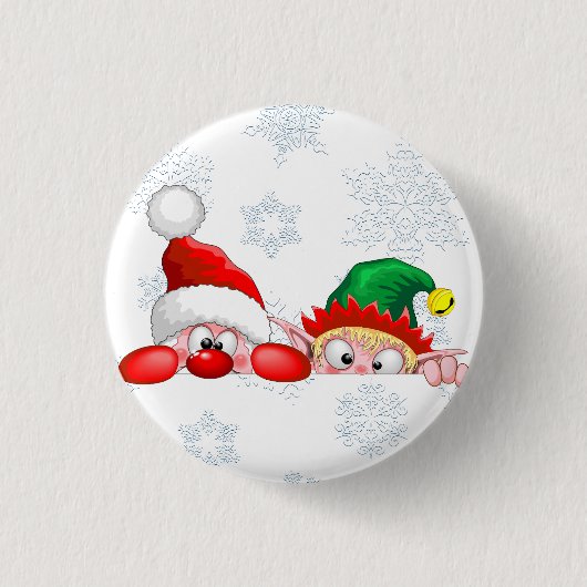 Badge Rond 2,50 Cm Père Noël et Elf Cute et drôle Caractères Pékin (Devant)