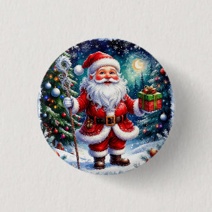 Badge Rond 2,50 Cm Père Noël tenant un cadeau dans un Noël magique
