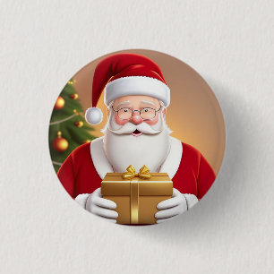 Badge Rond 2,50 Cm Père Noël tenant une boîte cadeau près du sapin de