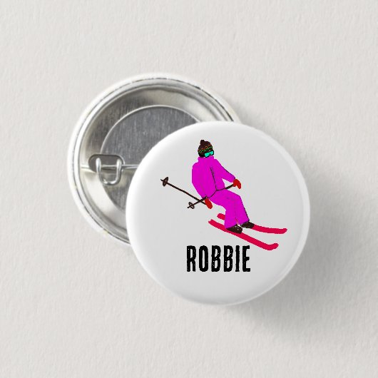 Badge Rond 2,50 Cm Personnalisé Nom personnalisé Retro Pink Skier Gir (Devant & derrière)