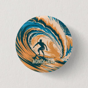Badge Rond 2,50 Cm Personnalisé Rétro Honolulu Hawaii Surfer Surf Océ