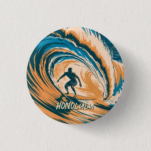 Badge Rond 2,50 Cm Personnalisé Rétro Honolulu Hawaii Surfer Surf Océ (Devant)