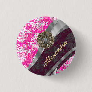 Badge Rond 2,50 Cm Personnalized pink pretty girly damask