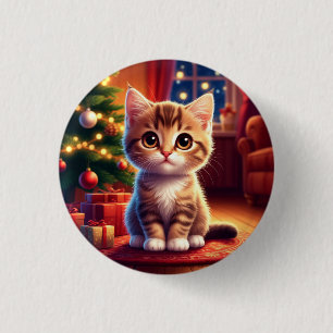 Badge Rond 2,50 Cm Petit chaton assis à côté d'un arbre de Noël lumin