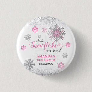 Badge Rond 2,50 Cm Petit flocon de neige Rose Paillettes argentées Ba