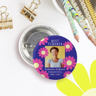 Badge Rond 2,50 Cm Photo de la meilleure enseignante Daisy Violet fon