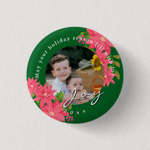 Badge Rond 2,50 Cm Photo de poinsettia de Noël de joie verte