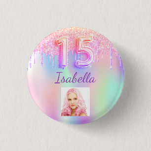 Badge Rond 2,50 Cm photo du nom holographique rose Quinceanera
