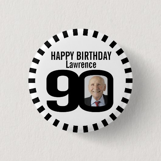 Badge Rond 2,50 Cm Photo et rayures de 90e anniversaire noir et blanc (Devant)