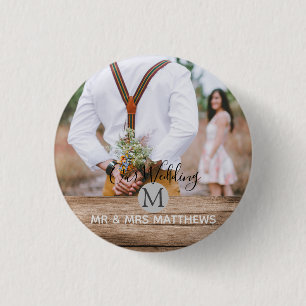 Badge Rond 2,50 Cm Photo Rustic Collage Monogram NEWLYWEDS WEDDING