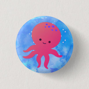 Badge Rond 2,50 Cm Pieuvre En Cartoon Cute Dans L'Aquarelle Bleue