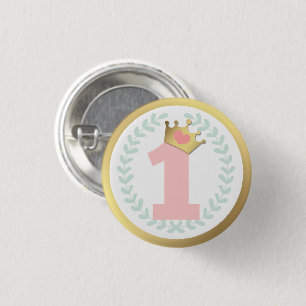 Badge Rond 2,50 Cm Pink Princess Crown Baby Girl Premier anniversaire
