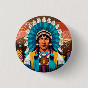Badge Rond 2,50 Cm Portrait puissant en chef amérindien