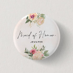 Badge Rond 2,50 Cm Poudre de pivoine et d'or Foil Fleur de servante d