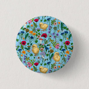 Badge Rond 2,50 Cm Poulets et fleurs sauvages sur le bleu bébé