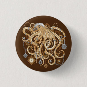 Badge Rond 2,50 Cm Poulpe Steampunk Rétro Fantastique Mécanique
