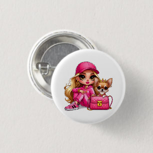 Badge Rond 2,50 Cm Poupée rose à la mode et couverture en fausse four