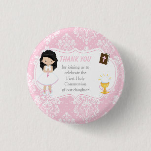 Badge Rond 2,50 Cm Première communion Black Hair Girl Merci