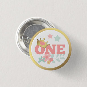 Badge Rond 2,50 Cm Princesse rose "One" Crown Baby Girl Premier anniv
