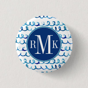 Badge Rond 2,50 Cm Profil onduleux d'aquarelle bleue peinte à la main