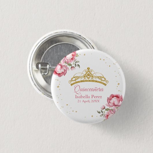 Badge Rond 2,50 Cm Quinceanera Gold Tiara Parties scintillant et rose (Devant & derrière)