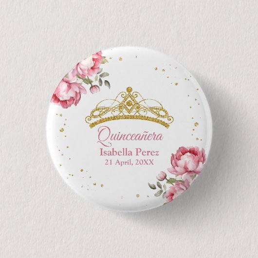 Badge Rond 2,50 Cm Quinceanera Gold Tiara Parties scintillant et rose (Devant)