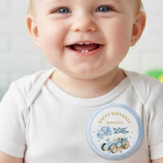 Badge Rond 2,50 Cm Race Car Blue Watercolor Boy First Birthday