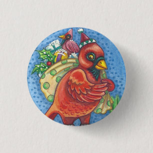 BADGE ROND 2,50 CM REDBIRD PÈRE NOËL, CHRISTMAS CARDINAL BIRD BOUTTON