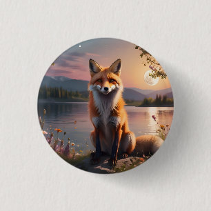 Badge Rond 2,50 Cm Renard assis au bord du lac au coucher du soleil.