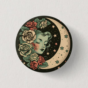 Badge Rond 2,50 Cm Retro Art Déco Green Crescent Lady Lune Lune