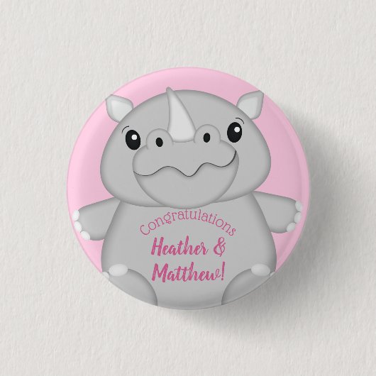 Badge Rond 2,50 Cm Rhino Baby shower Safari Rose fille (Devant)