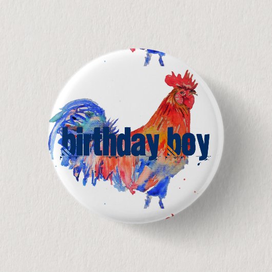 Badge Rond 2,50 Cm Rooster Rouge Aquarelle bleu Anniversaire Boy Art (Devant)