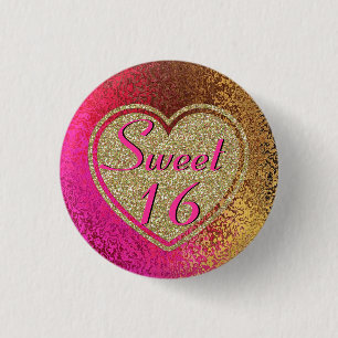 Badge Rond 2,50 Cm Rose de tape-à-l'oeil et bonbon 16 à or
