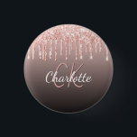 Badge Rond 2,50 Cm Rose gold black glitter drips custom monogram name<br><div class="desc">A black,  brown,  caffe latte gradient background decorated with rose gold faux glitter drips,  paint dripping look.  Personalize and add a name,  your monogram initials. The name is written with a hand lettered style script. 
 Perfect as party favors or name  tags for birthday parties,  bridal showers and bachelorette parties.</div>