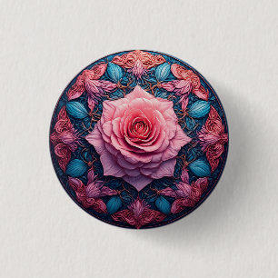 Badge Rond 2,50 Cm Rose vibrante en fleurs entourée de détails ornés